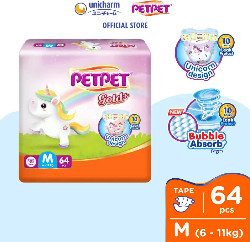 PetPet Gold+ Tape Diapers (Size M, 64 pieces)